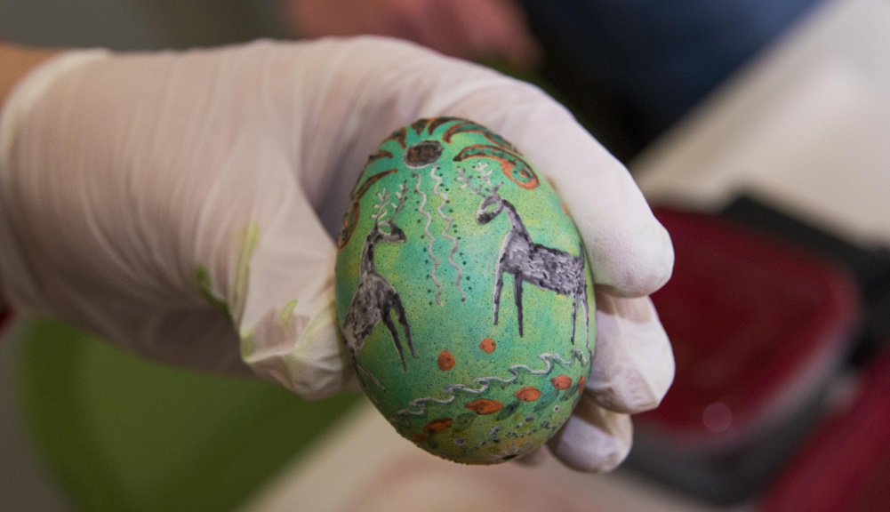 A hand covered by a white rubber glove holds up a pysanky, a green painted egg with colorful figures painted on it.