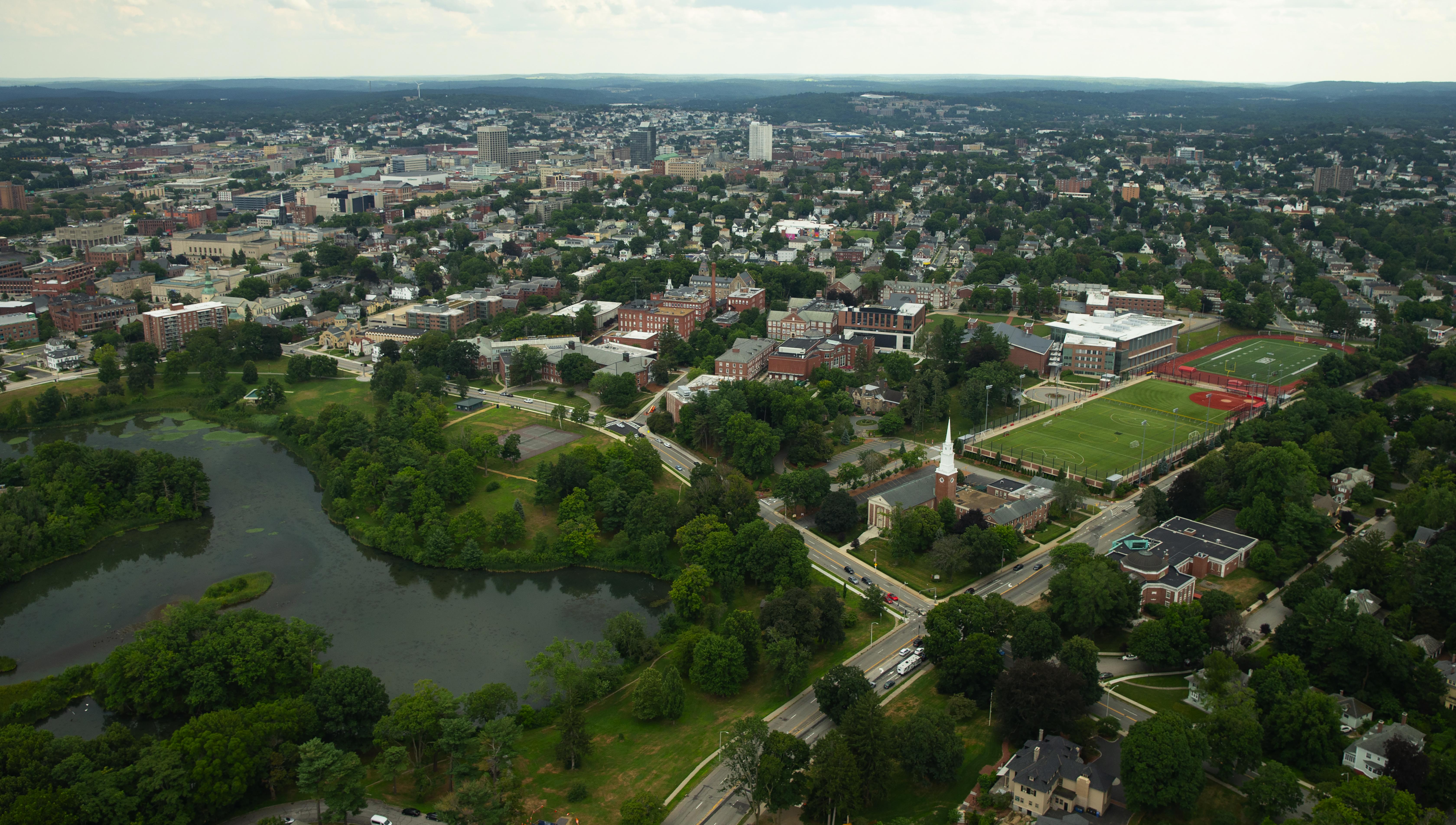 Aerial view of WPI campus and surrounding city of Worcester
