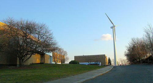 The wind turbine at Holy Name Junior Senior High School in Worcester.
