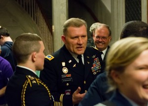 Army Lt. Col. Ciro C. Stefano, Bay State Battalion Commander, and retired Brig. Gen. Paul Smith (center) chat with cadets following the awards ceremony.