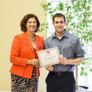 WPI President Laurie Leshin congratulates Richard O’Brien, a mathematical sciences and management major, was named Outstanding Member of the Class of 2017.