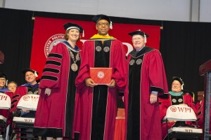 Former astronaut and Commencement speaker Dr. Bernard Harris posed with President Leshin and trustees chairman Phil Ryan as he was conferred an honorary Doctor of Science degree.