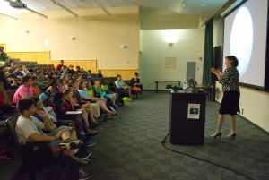 WPI President Laurie Leshin talks to middle school students in the ExxonMobil Bernard Harris Summer Science Camp about the Mars Curiosity rover and its role in exploring the planet.