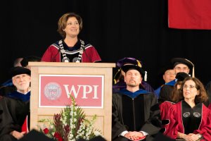 In her remarks, President Leshin said WPI's first-ever graduate Commencement comes at 'a critical and important moment in our history.'