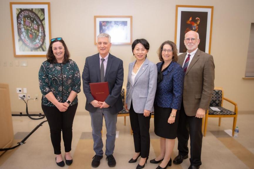 (L-R) Director, Technology for Teaching & Learning Kate Beverage, Denise Nicoletti Trustees' Award for Service to Community Recipient Mark Richman, President Grace J. Wang, Board of Trustees Vice Chair Joyce Kline, Interim Senior Vice President and Provost Arthur Heinricher