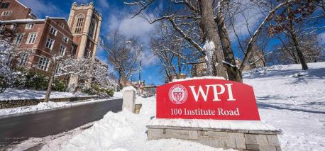 A winter photo of WPI's campus