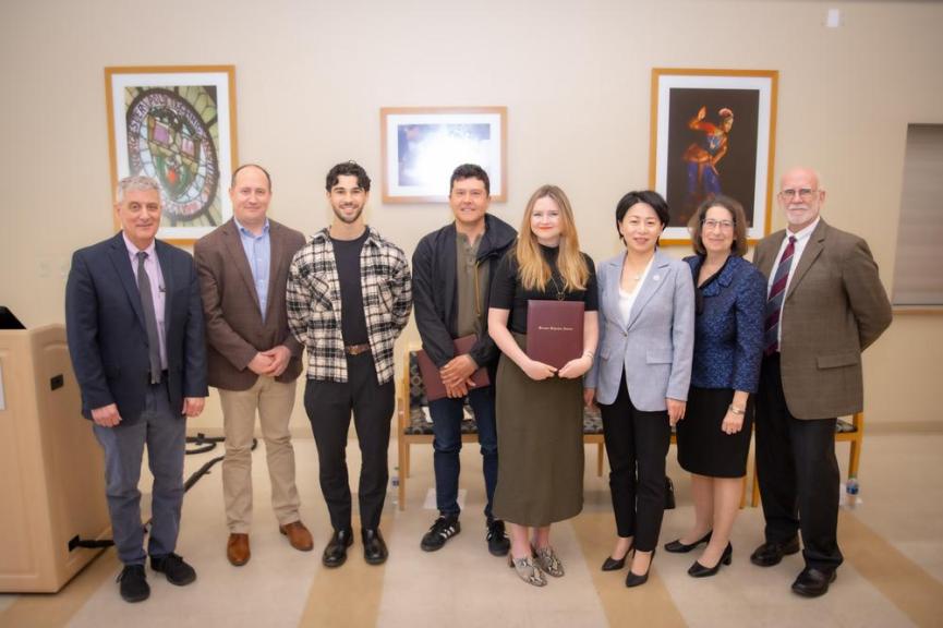 (L-R) Secretary of the Faculty Mark Richman, Professor of Teaching Marcel Blais (Mathematical Sciences), Michael Magalhaes ’24 (Mechanical Engineering), Romeo L. Moruzzi Young Faculty Award for Innovation in Undergraduate Education Recipients Joseph Aguilar & Kate McIntyre, President Grace J. Wang, Board of Trustees Vice Chair Joyce Kline, Interim Senior Vice President and Provost Arthur Heinricher