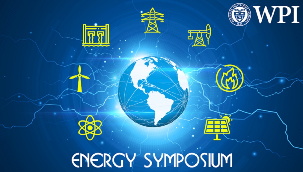 "WPI" is written in white type at the top right of the photo, and "Energy Symposium" at the bottom. In the middle is a photo of the globe with green electricity icons surrounding it.