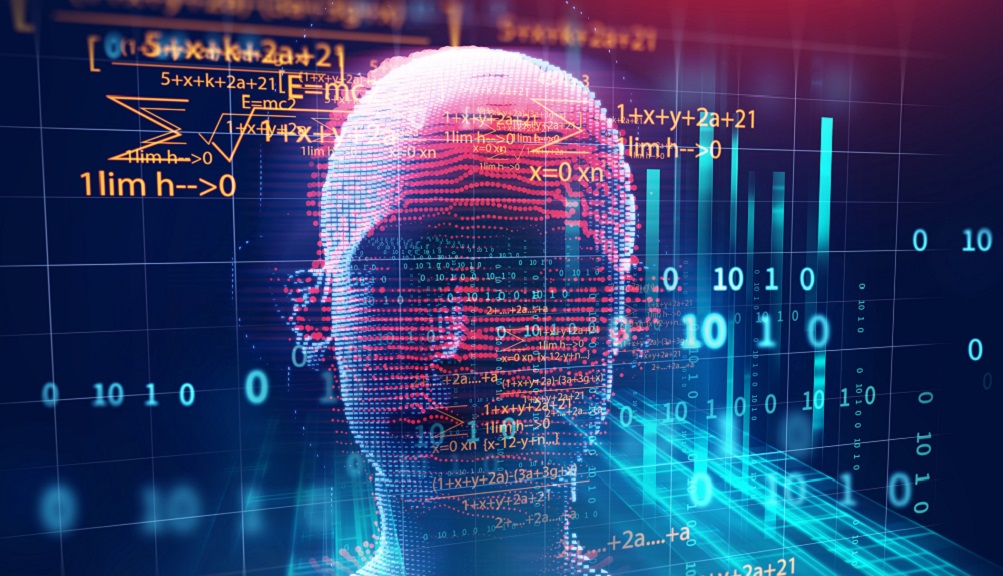 A stock photo of a head made up of a variety of coding numbers and letters, as well as different math equations. The background is blue, and letters and numbers are orange and red.