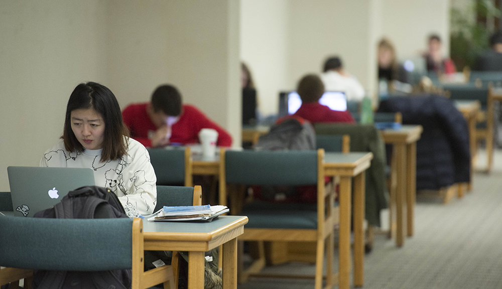 A student sits in one of the study spaces at the library.