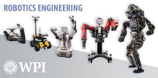 five robots in a line, ordered small to large - the words "Robotics Engineering" are on the top left - the WPI logo is on the bottom left alt