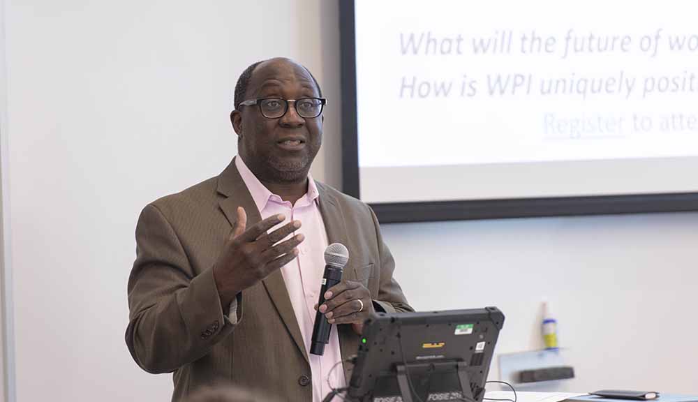 Wole Soboyejo addresses attendees at the "Future of Work" event.