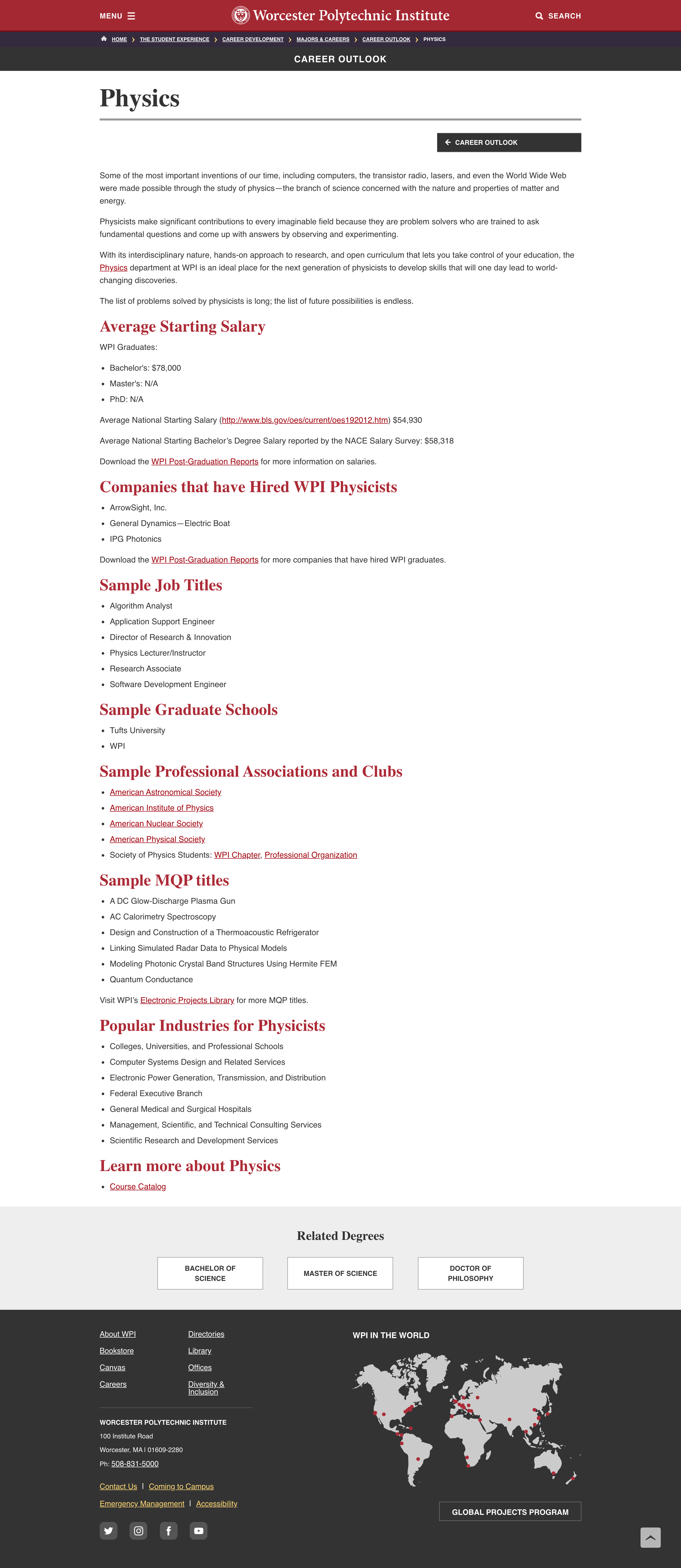 Screenshot of old Career Outlook page for Physics majors