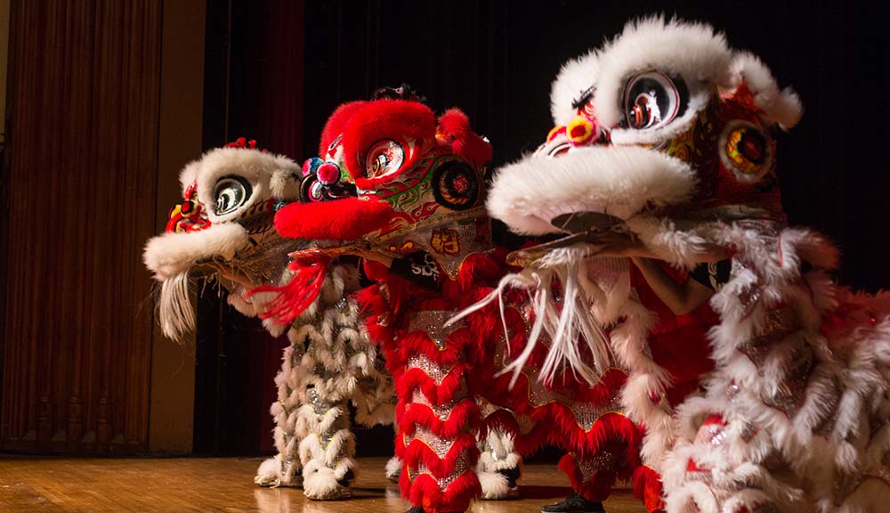 Members of the Vietnamese Student Association don dragon costumes as part of the Lunar New Year celebration.