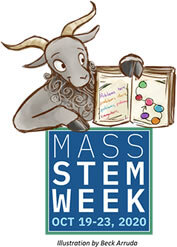 Goat holding book - Mass STEM Week logo