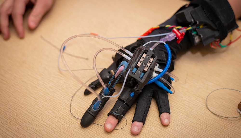 A close-up photo of the partial hand prosthetic being developed by WPI undergraduate students.