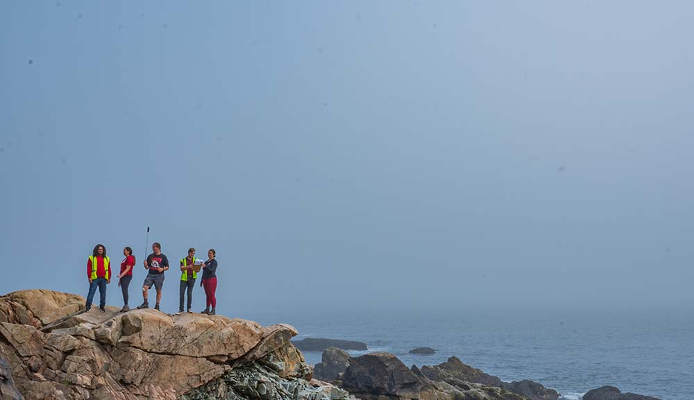 A group of students stands atop a rock formation overlooking the ocean in Acadia National Park.