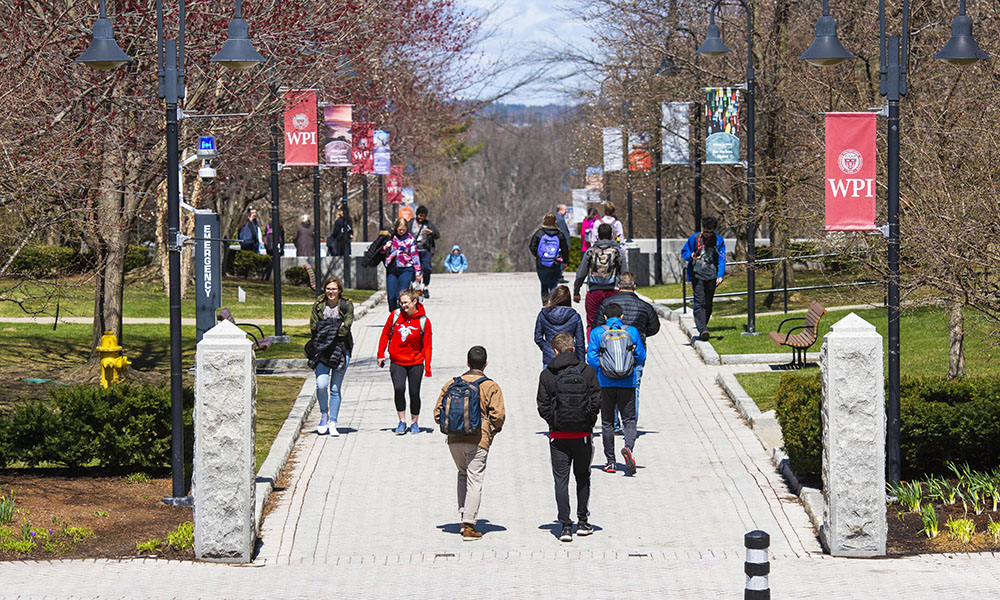 Students walking on WPI's campus