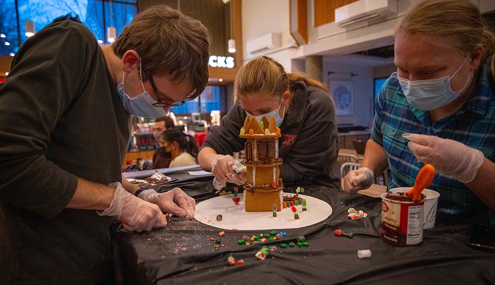 WPI Eats, The Goat's Head, and SGA co-sponsored a gingerbread build-off where students built gingerbread houses and then had their structural integrity tested by Professor Jessica Rosewitz. May the best (and tastiest) gingerbread house win!