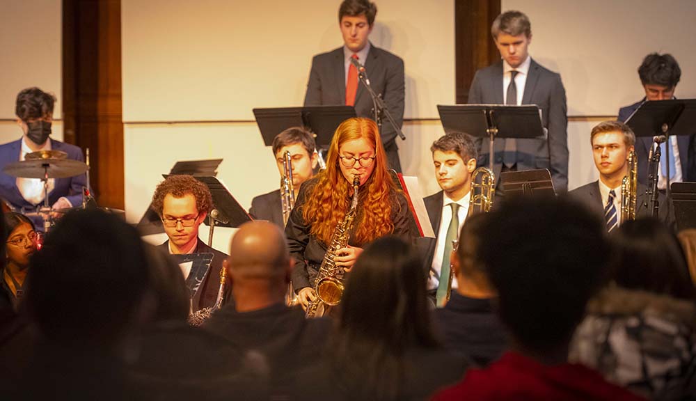 Students perform during a Jazz Band event in Alden Memorial.