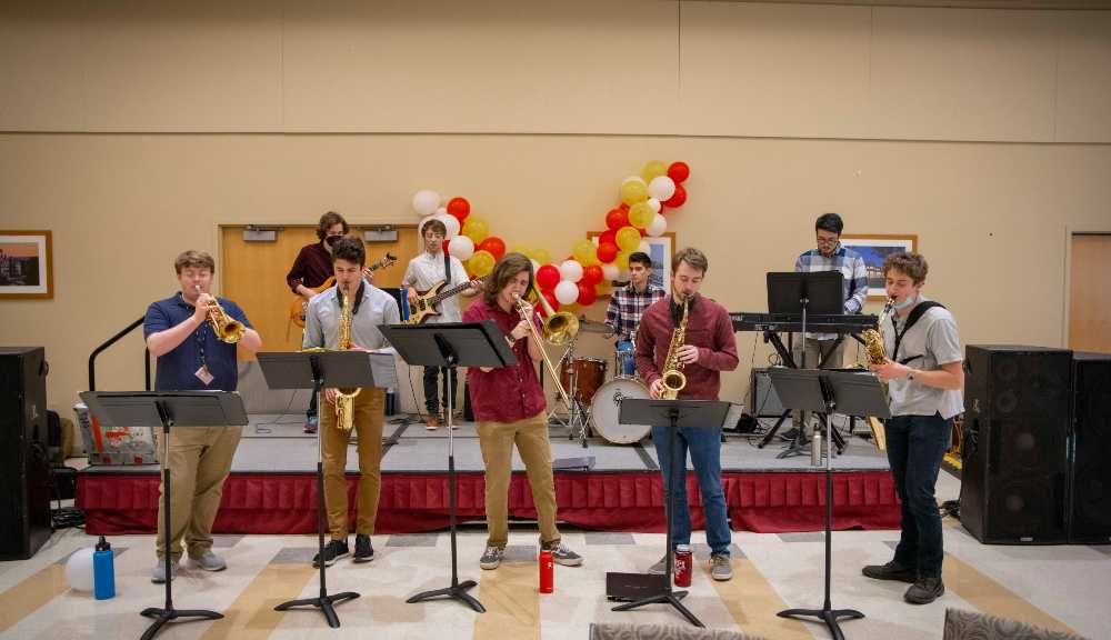 Members of one of the jazz groups on campus perform in the Odeum.