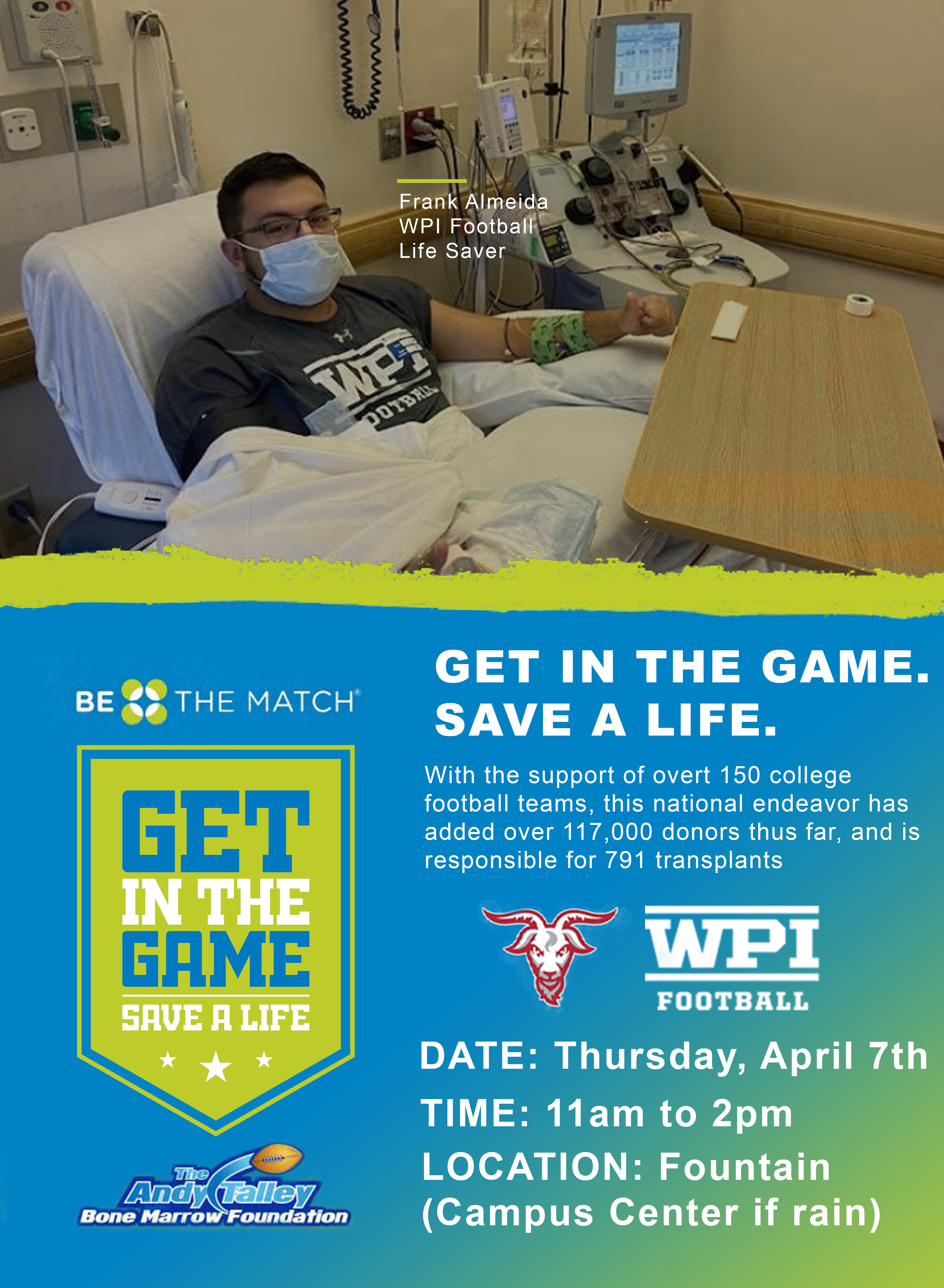 A poster for the WPI football team's upcoming bone marrow donor drive.