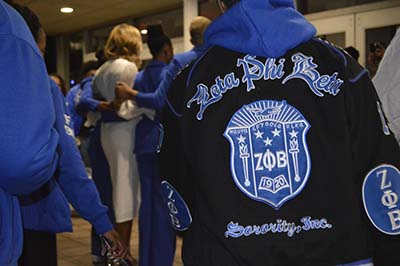 A close-up of the back of a Zeta Phi Beta jacket.