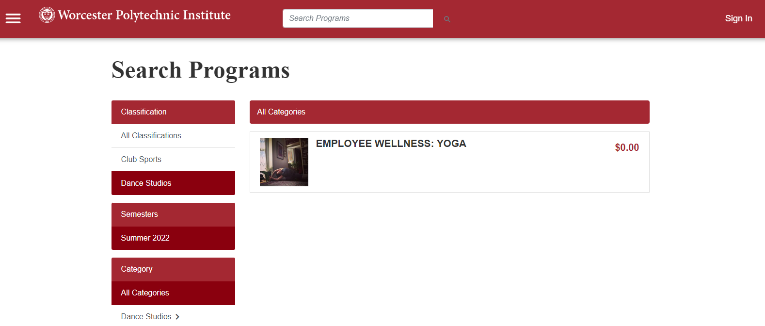 Image of the yoga sign-up page on WPI's website