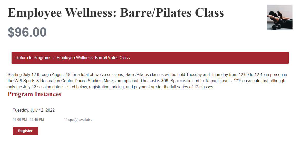 Image of barre-pilates class description with link to register and image of woman exercising