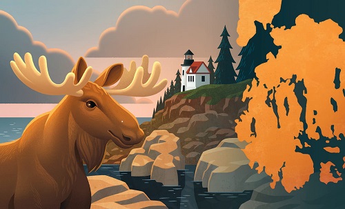 illustration of moose and mountains in yellow orange tones