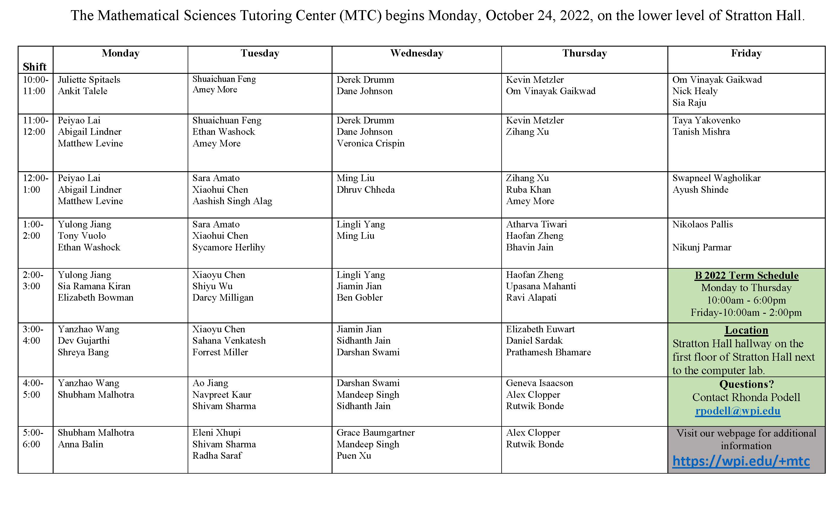 schedule of tutors for b-term math tutoring center