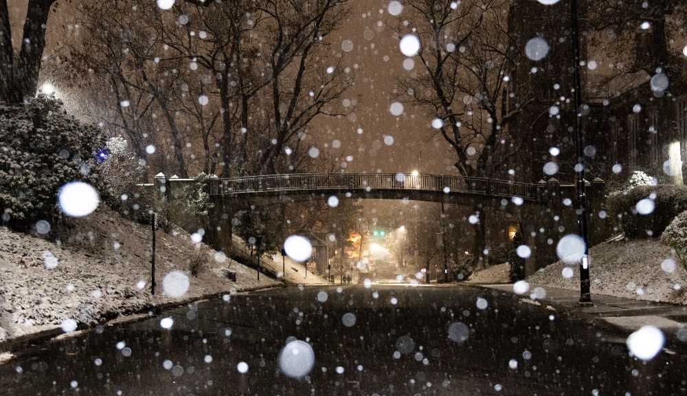A photo of Earle Bridge at night with snow falling in focus in the foreground.