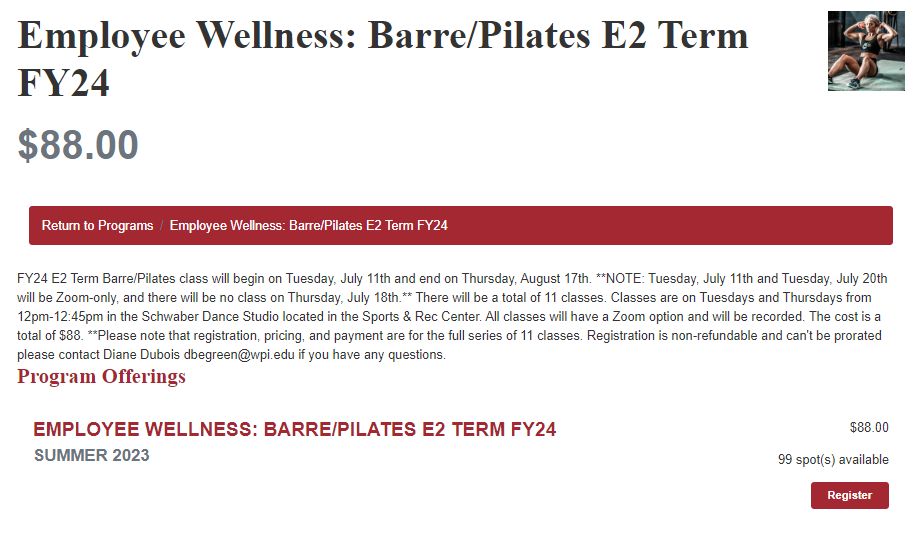 Screenshot of Rec Center Website registration page for E2 term barre-pilates classes