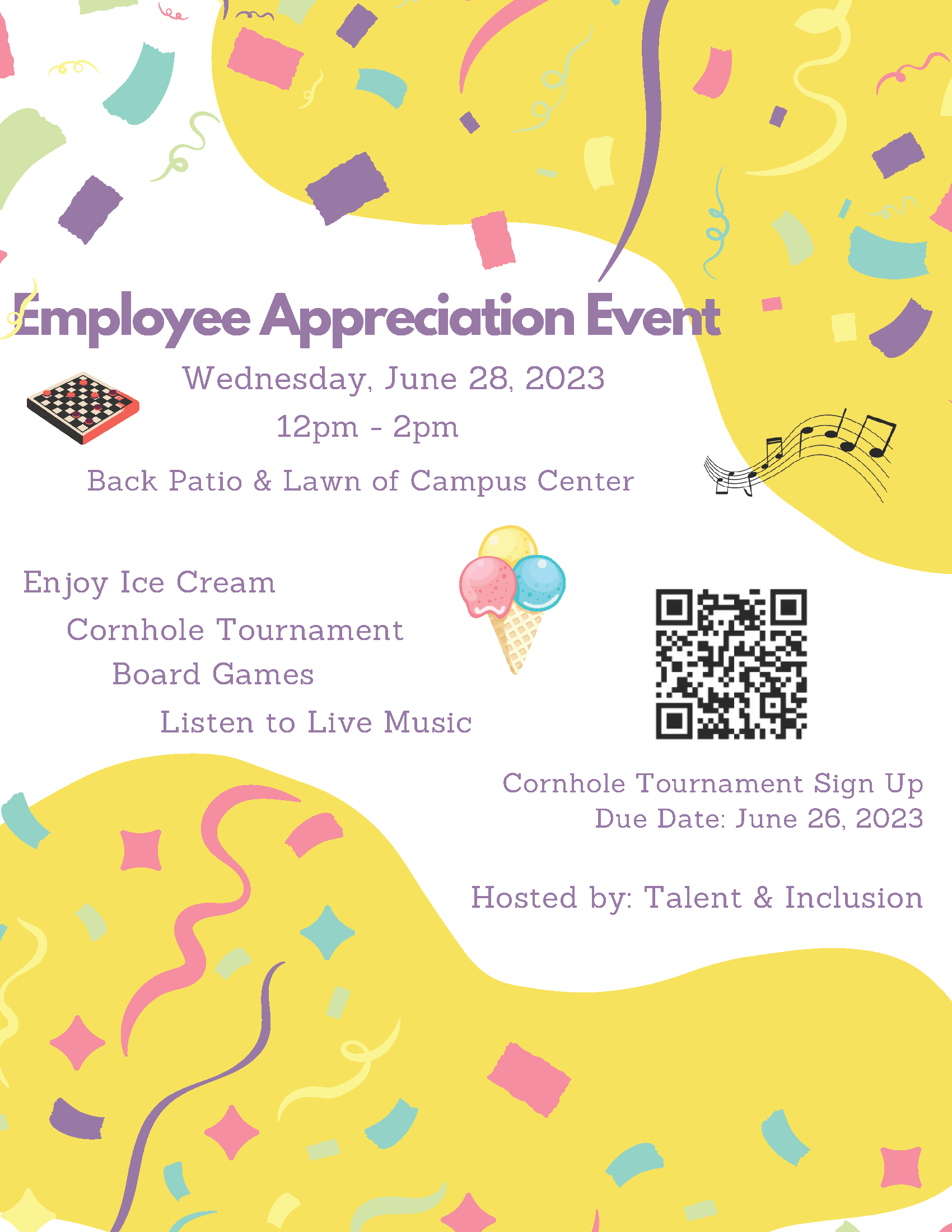 Colorful flyer that includes details to an employee social event and a QR code to register to play cornhole.