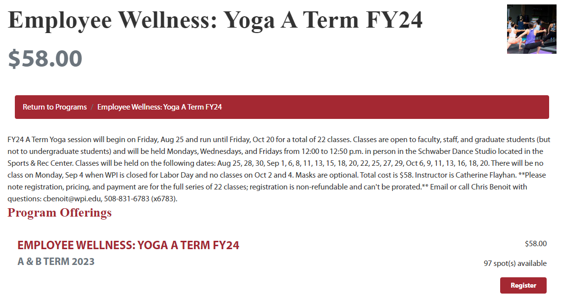 Screenshot of Rec Center Website registration page for A Term FY24 yoga classes