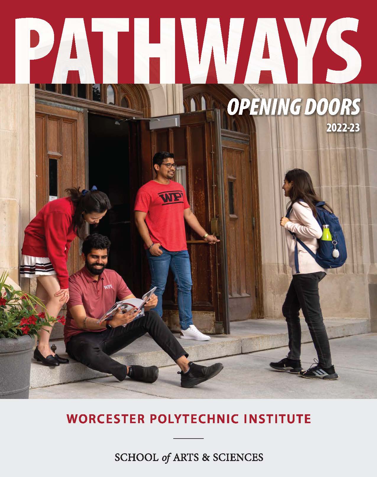 Pathways cover, showing students in front of open door