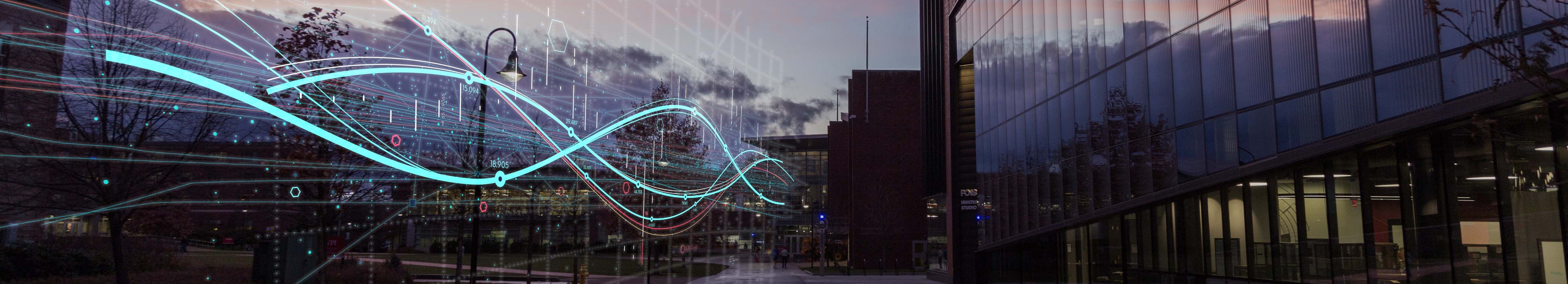 business school with graphics across screen