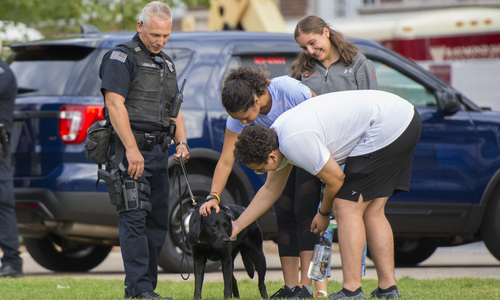 Group of students pet black police dog