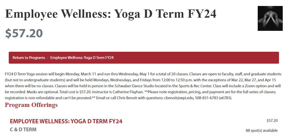 Screenshot of Rec Center Yoga Class registration page D term FY24