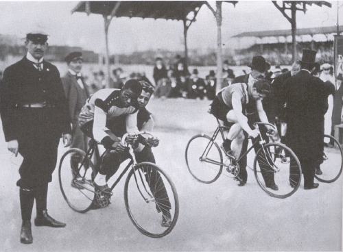 Major Taylor on bicycle competing in Berlin, Germany