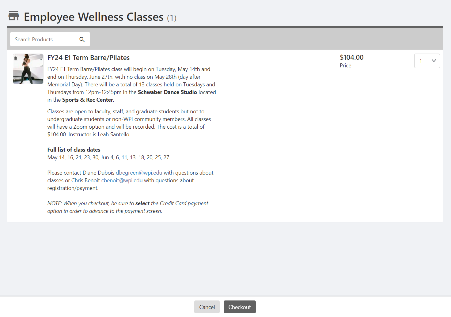Screenshot of FY24 E1 MyWPI Barre Pilates registration-payment page