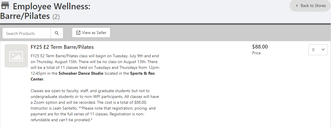 Screenshot of FY25 E2 Barre/Pilates sign up page on MyWPI website