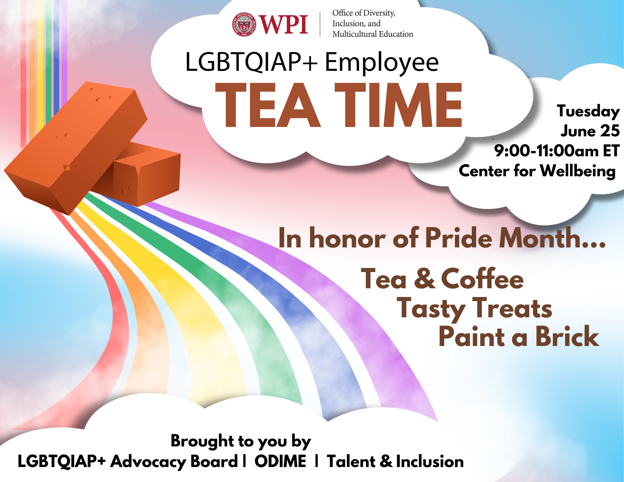 Pride month event flyer showing text, a colorful rainbow, and a couple of bricks