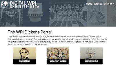 Dickens Portal: screenshot of opening page with three sections as described in story
