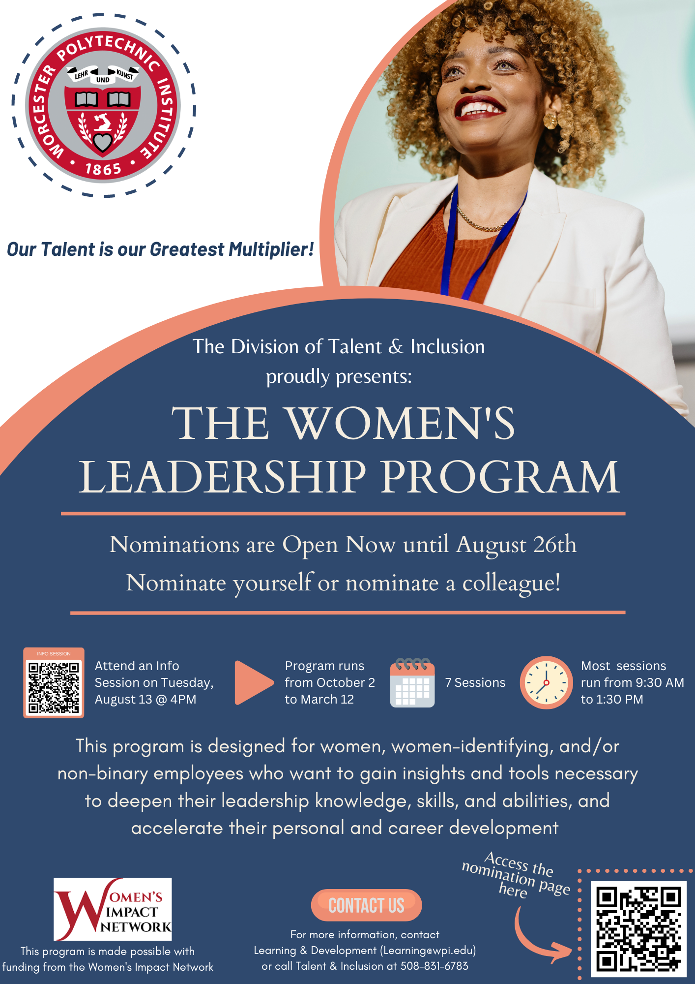 Colorful flyer with FY25 women's leadership program details