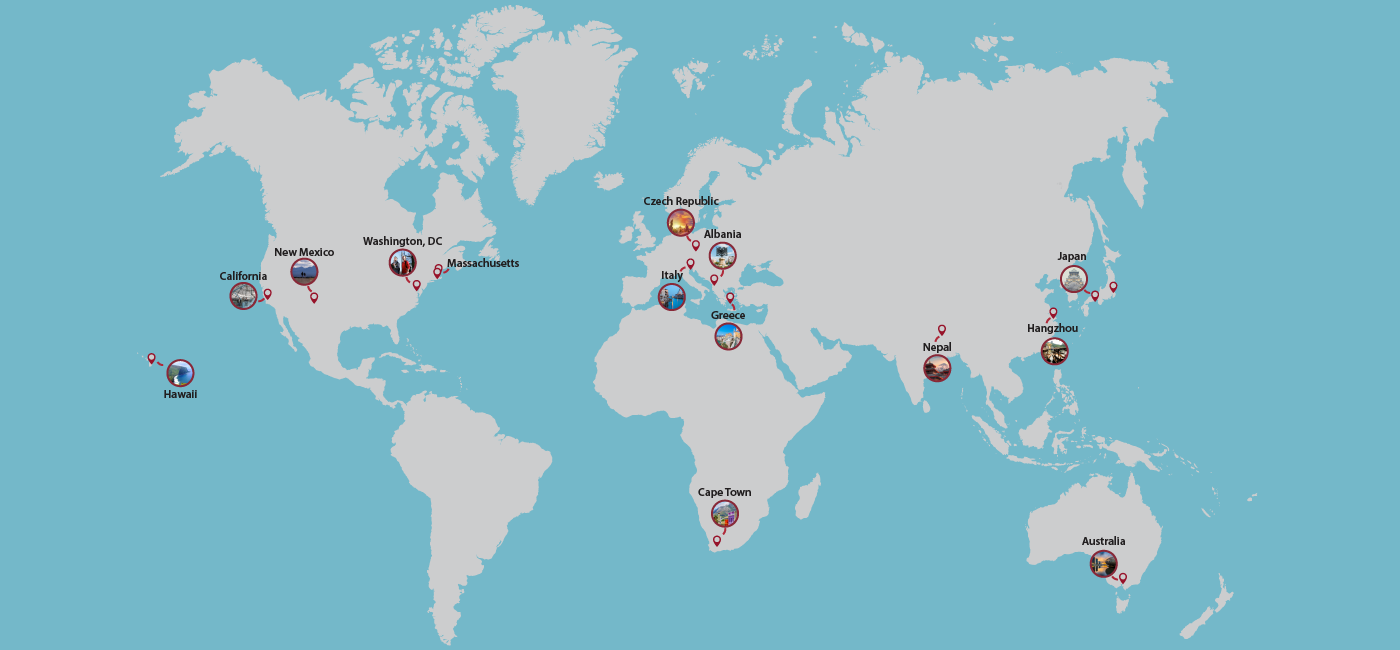 map of the world with pins in locations of active project centers