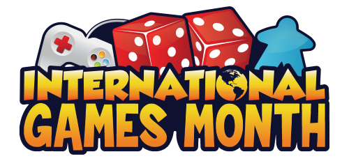 International Games Month logo, which includes a control, red dice, and a blue meeple game piece over bright orange letters spelling International Games Month. The O in month is a globe.