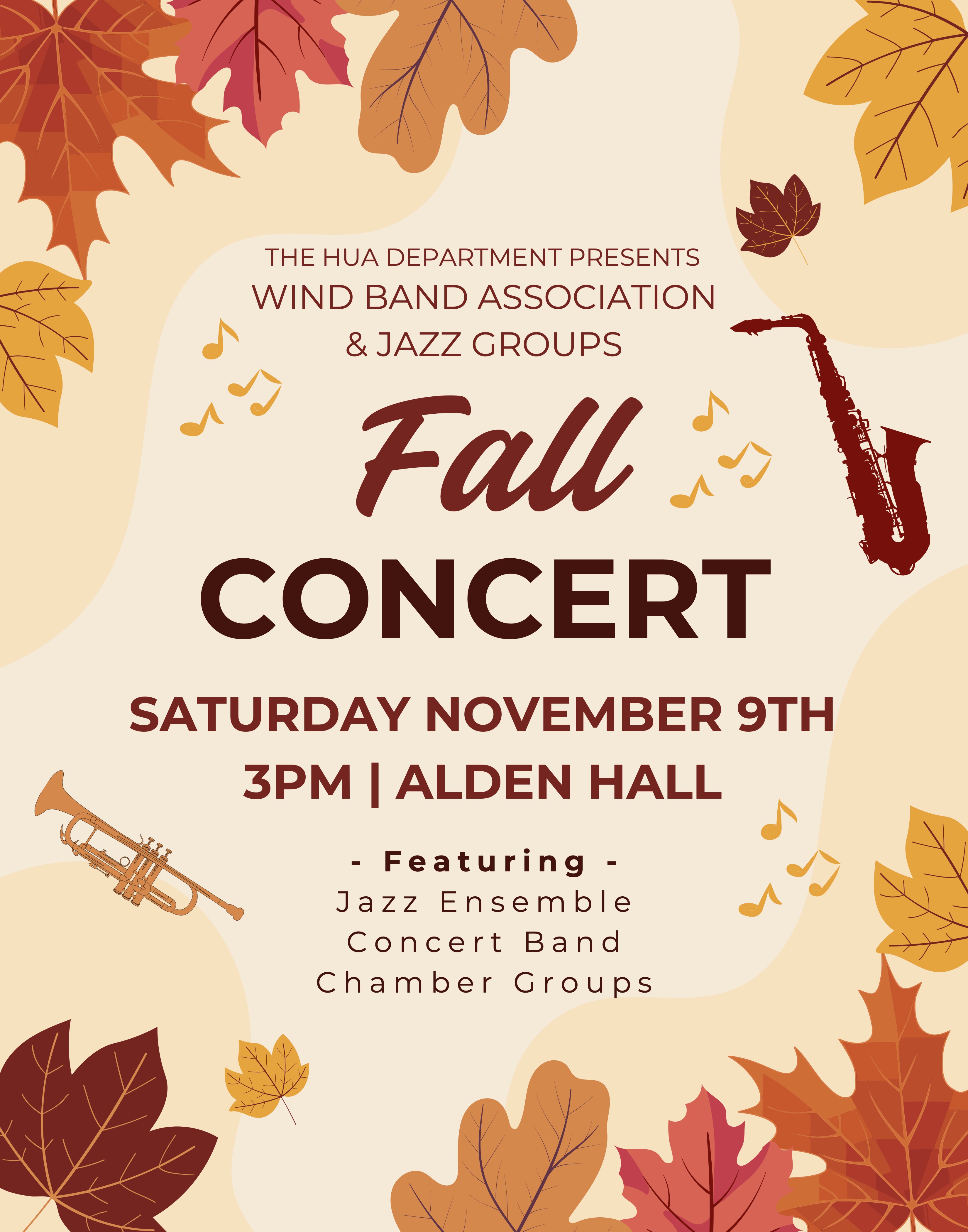 flyer with colorful fall leaves and copy about fall concert