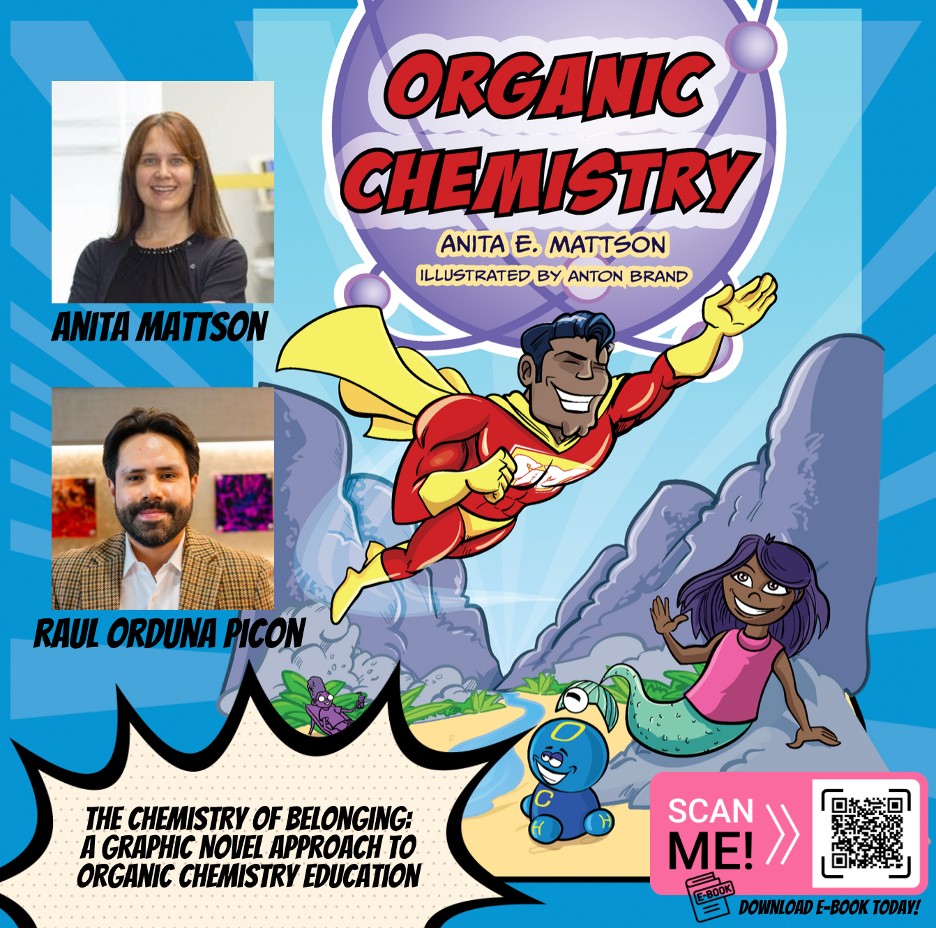 Composite image with photos of authors Anita Mattson and Raul Orduna Picon, cover of one volume in the graphic novel series on organic chemistry, and QR code linking to Amazon ebook availability