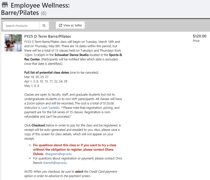 Screenshot of FY25 D Term Barre/Pilates sign up page on MyWPI website